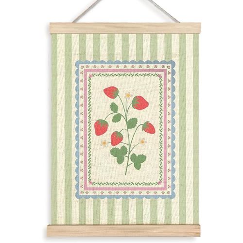 FWSFD Cottagecore Strawberry Wall Art Decor Poster, Vintage Cute Fruit Botanical Green Striped Hanging Wall Decor Canvas Prints Artwork for Nursery Kids Room Home Room Kitchen, 12x16 Inches
