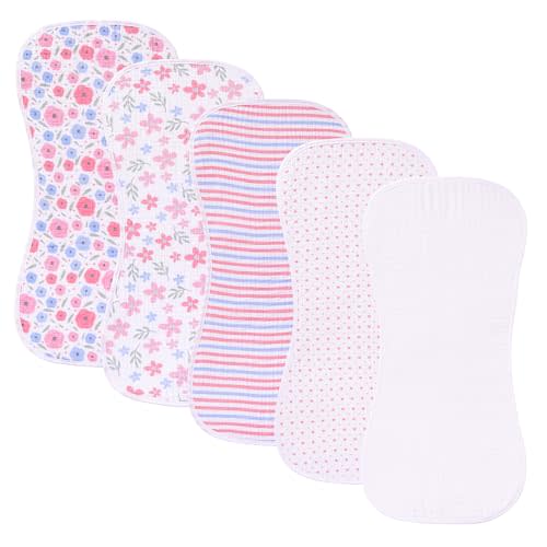 sleepyturtle 5 Pack Baby Burp Cloths, Unisex Newborn Burping Cloths, Soft and Absorbent Muslin Cotton, Large Size for Newborn, (Pink-mg)