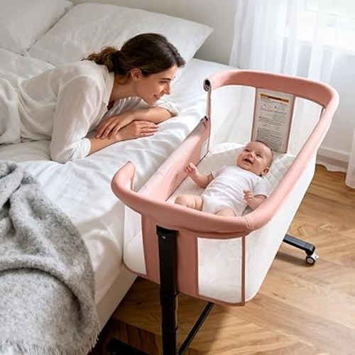 Kinder King Baby Bassinet Bedside Sleeper, Newborn Baby Bedside Crib w/Wheels, All-Sided Mesh, Adjustable Height, Removable Soft Mattress, No Tool to Assemble, Pink