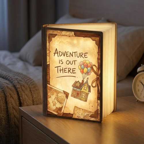 Up Movie Book Lamp, Adventure Is Out There Quote Light, Pixar Up House With Balloons Design, LED Foldable Book Light, Adventure Night Light