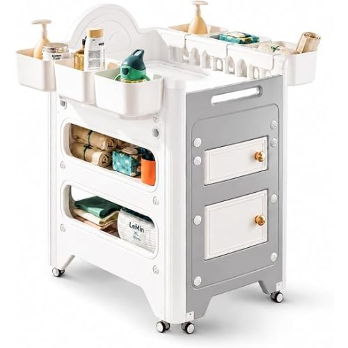 Heavy-Duty Baby Changing Table with Storage & Adjustable Height – Waterproof HDPE Diaper Changing Station for Nursery & Daycare, Removable Care Basin