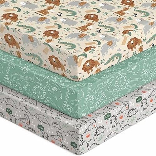 Baby Crib Sheets for Boys Girls, 28x52x8in Fitted Crib Sheet Neutral 3 Pack for Standard Crib and Toddler Mattress, Breathable Soft Microfiber Baby Sheet Green & Apricot Lion