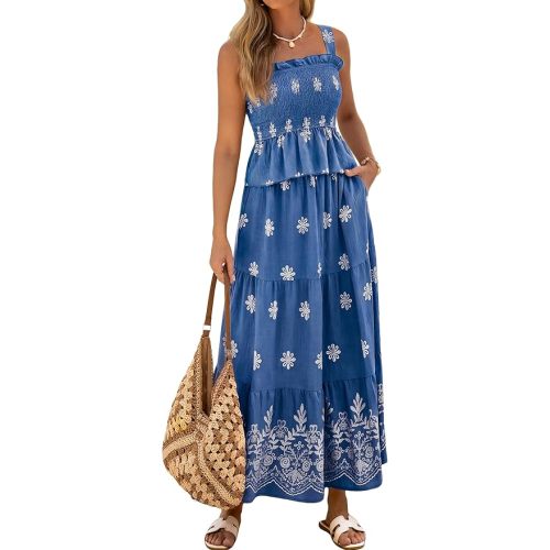 Glamaker Womens 2 Piece Skirt Sets Summer Boho Floral Smocked Ruffle Hem Tank tops Maxi Skirts With Pockets Vacation Outfits
