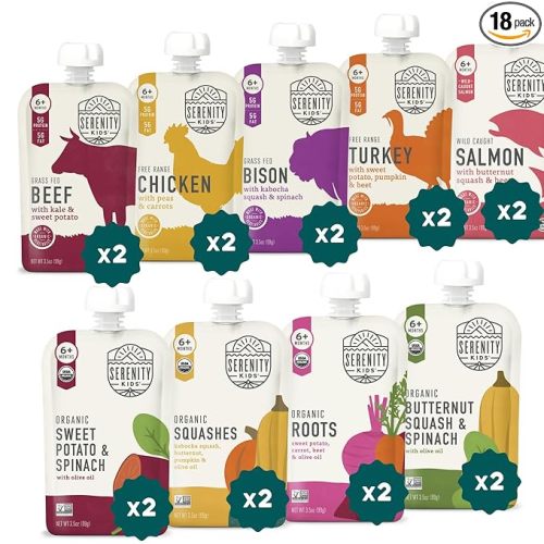 Serenity Kids 6+ Months Baby Food Puree Pouch - 5g Protein-Packed Toddler Snacks - Organic Meat & Veggie Food Pouches - Recyclable Containers for Toddler Meals - 3.5 Oz, Pack of 18