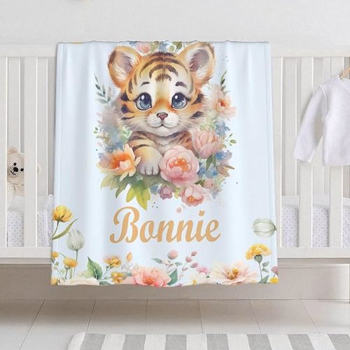 Personalized Baby Blanket for Girls Boys Tiger Custom Baby Blanket with Name Swaddle Blanket for Toddlers Infants Kids Shower Newborns Nursery Stroller Crib Decor Throw Birthday Gift