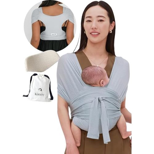 Konny Baby Carrier Flex AirMesh with Head Support - Adjustable, Easy to Wear, Hands-Free Breathable Baby Wrap Sling, Perfect for Newborn Babies Essentials up to 44 lbs (XS-XL) - Mint Grey
