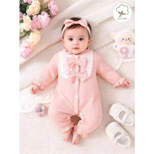 Newborn Baby Girl Pink Knitted Ribbed Cute Ruffle Collar Lace Trim Design Double Bow Button Front Long Sleeve Romper And Headband