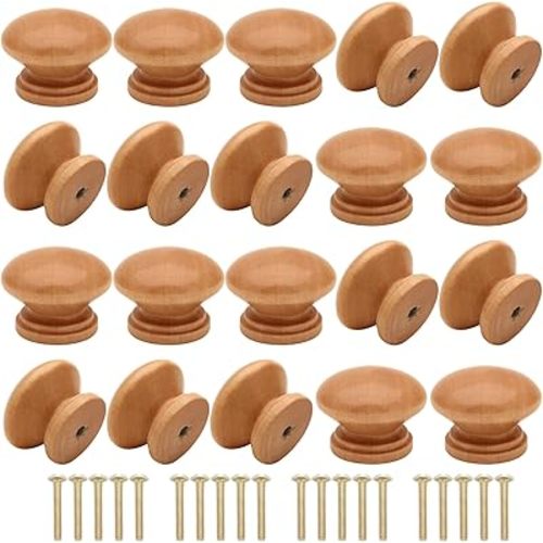 Wooden Cabinet Knobs 20Pcs, Log Varnish Dresser Wood Knobs Mushroom Wooden Dresser Drawer Knobs Pulls Handles with Screws (Diameter :1.3 inches, Height :1 inch)