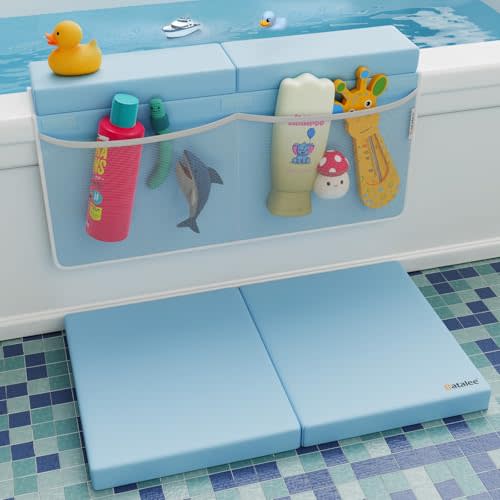 Bath Kneeler and Elbow Rest Pad Set, Premium Gift for Expecting Moms, Non-Slip Thick Kneeling Pad, Knee Saver with Toy Organizer (Large, Blue)