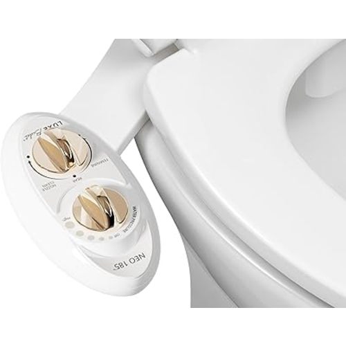 LUXE Bidet NEO 185 - Dual Nozzle, Self-Cleaning, Non-Electric Bidet Attachment for Toilet Seat, Adjustable Water Pressure, Rear & Feminine Wash (Gold)
