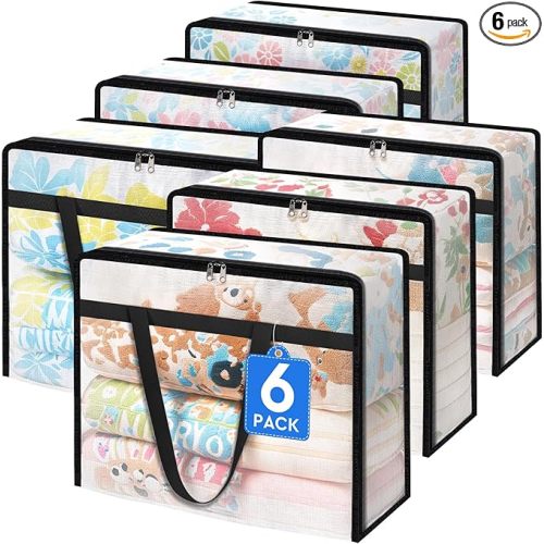 6 Pack Clear Storage Bags for Comforter, Clothes & Bedding, Plastic Blanket Storage with Zipper and Handle, Moving Bags, Closet Organizer and Under-Bed Storage (40L)