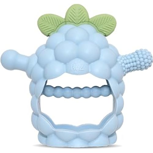 RaZbaby RaZberry Grip Silicone Teether Toy for 3M+ | Drop Resistant Hand Held Teether for Babies and Infants - Designed by Nature with Our Patented BerryBumps Multitextured Design | 3M+, Blue