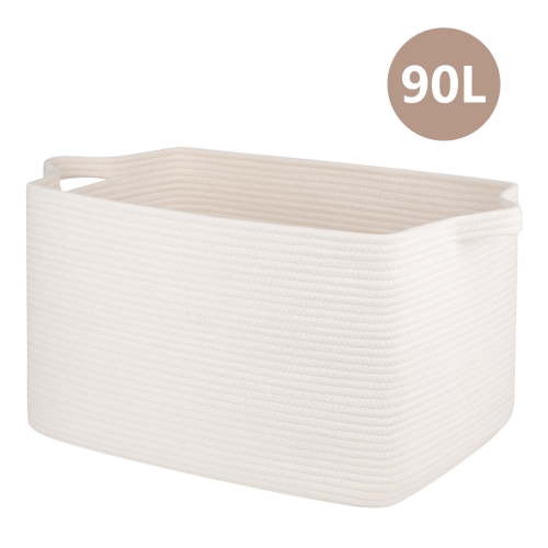 CHERISHGARD Blanket Basket 90L Rectangle Rope Baskets for Storage, Cotton Rope Basket for Bedroom Livingroom Washingroom