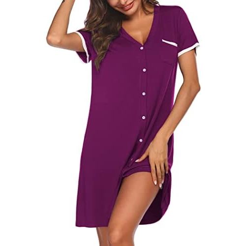 Ekouaer Nightgowns for Women Button Down Pajamas Tops Short Sleeve Sleepwear V-Neck Sleepwear S-3XL