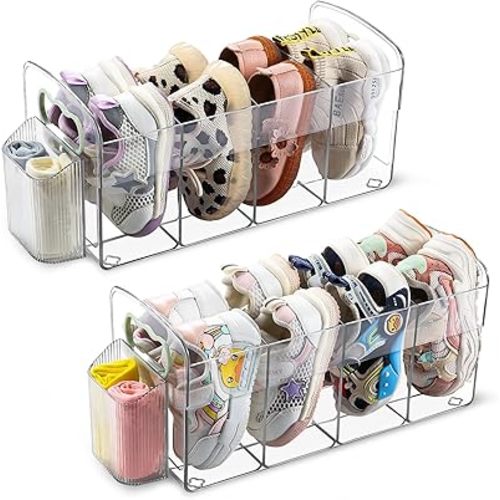2 Pack Upgraded Kids Shoe Rack, Clear Acrylic Baby Shoe Organizer with Side Anti-Slip Baffle, 4 Sections Toddler Shoe Rack with Socks Storage for Closet Organizers and Storage