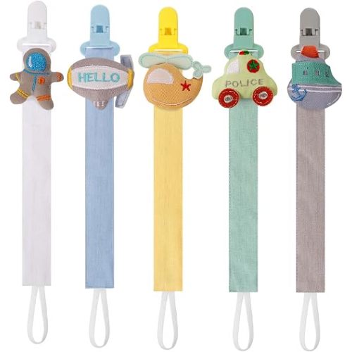 5 Pack Pacifier Clips for Baby Boys, Multicolor Fabric Straps,5pcs Straps, Approx. 11 in / 29 cm, Resin Clips with Inner Grip Design, Fits Most Pacifiers with Handles(12)