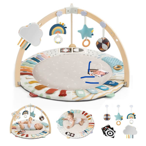 Blissful Diary Baby Play Gym & Activity Mat, 5 Developmental Zones Wooden Tummy Time Mat with 5 Detachable Sensory Toys for Motor Skills & Sensory Development, Baby Essentials Shower Gift