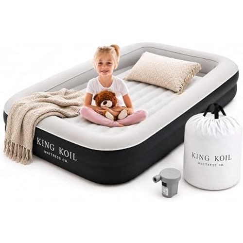 King Koil Toddler Travel Bed - Inflates in 30 Seconds, Built-in Safety Bumper, Ages 3+ Portable Kids Air Mattress for Hotels, Camping, Grandparents, Travel - Fits Crib Sheets, CNN-Featured Brand