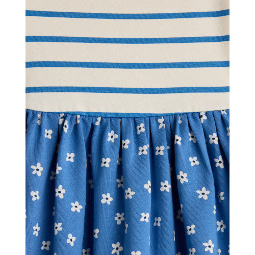 Organic Cotton Long Sleeve Fit and Flare Pocket Dress - Baby Girl in Blue Mini Floral Stripe