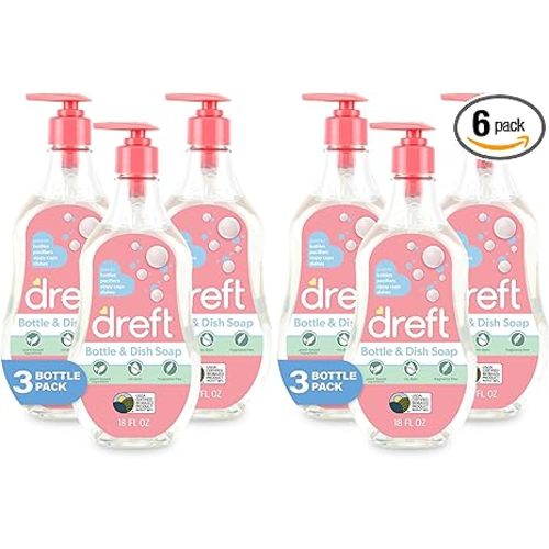 Dreft Bottle and Dish Soap | Made to Clean Baby Bottles,Sippy Cups,Pacifiers,Breast Pumps,& More | Gently Removes Milk Film & Odors-| Plant Based,Fragrance Free Dish Soap-| 18 Fl Oz,(Pack of 6)