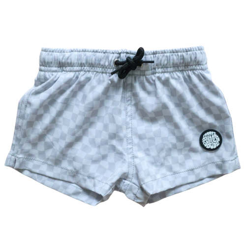 Light Grey Checkered Little Surfer Dude Swim Trunks