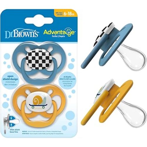 Dr. Brown's Advantage Baby Pacifier, Fully Symmetrical Soother with Soft Silicone Bulb, Skateboard Snail, 6-18m, BPA Free, 2 Pack