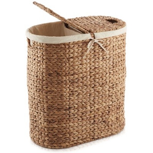 Casafield Oval Laundry Hamper with Lids and Removable Liner Bags - Cinnamon Brown, Woven Water Hyacinth 2-Section Laundry Basket for Clothes