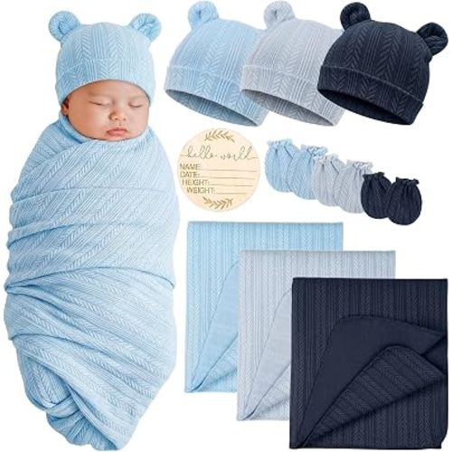 3 Sets Cotton Baby Swaddle Blankets Wrap with Cute Bear Ears Hats Elastic Mittens Wooden Birth Announcement Card Soft Nursery Receiving Swaddles for Newborn Infant Girl Boy 0-3 Months