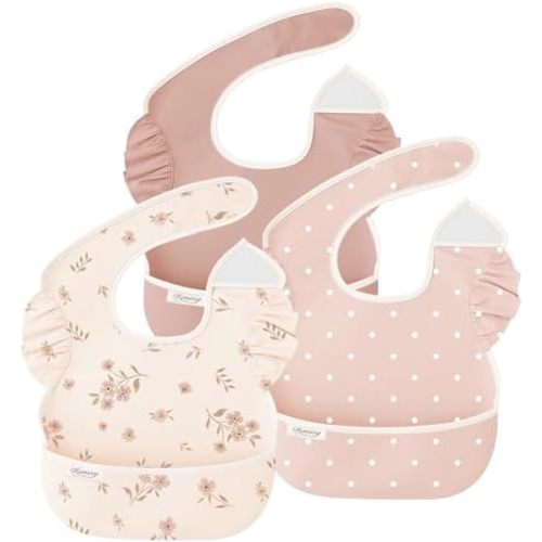 Konssy 3-Pack Waterproof Baby Bibs for Eating, Wipeable Toddler Ruffle Feeding Bibs with Catch-All Pocket for Girls Boys