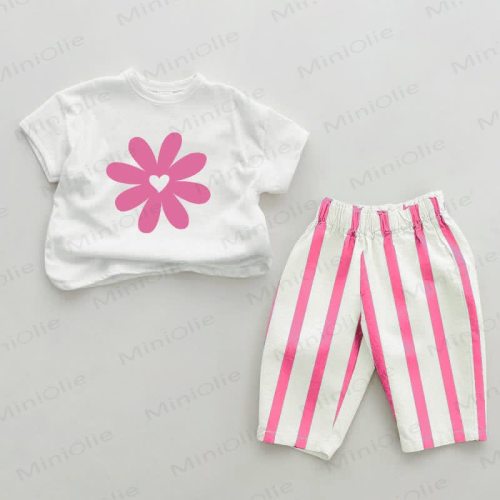 Baby Sunflower Heart Pink Vertical Striped 2-piece Set