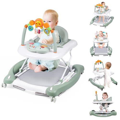 Boyro Baby Baby Walker, 5-in-1 Baby Walkers for Boys and Girls 6-12 Months with Bouncer, Removable Footrest, Feeding Tray & Music, Foldable & Adjustable Activity Walker for 6-18 Months Toddler Infant