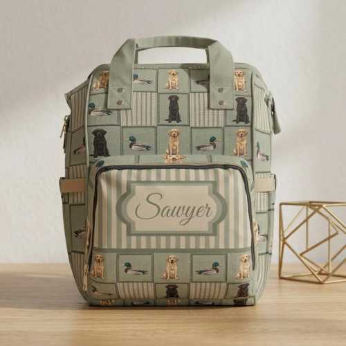 Personalized Labrador Pattern Diaper Backpack | Custom Name Baby Bag