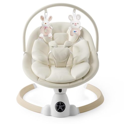 Baby Swing for Infants, Portable Electric Baby Swings with Bluetooth, 5 Swing Speed, 10 Melodies, 5-Point Harness, Remote Control & Touch Panel - Infant Swing for Indoor & Outdoor Use, Beige