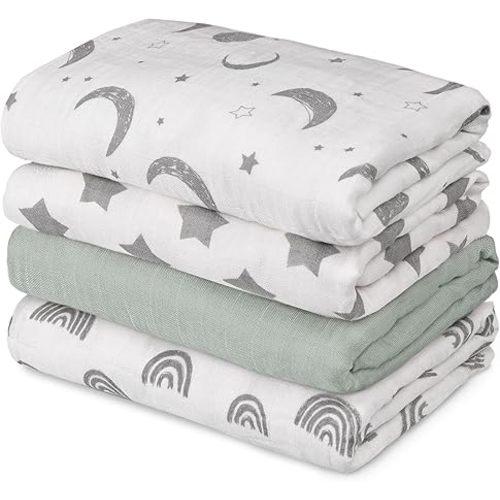 GLLQUEN BABY Muslin Swaddle Blankets 4-Pack Breathable Receiving Blankets (35" x 40") Soft Baby Blankets for Girls and Boys Newborn Essentials Muslin Burp Cloths Swaddle Wrap Baby Gift (Star)