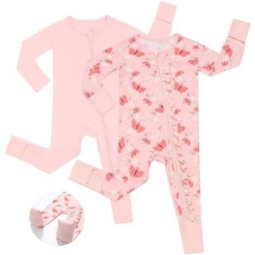 JunNeng Baby Girl Viscose from Bamboo Sleeper with Mitten Cuffs, 2 Way Zipper Romper, Sleep N' Play Pajamas 0-18 Months