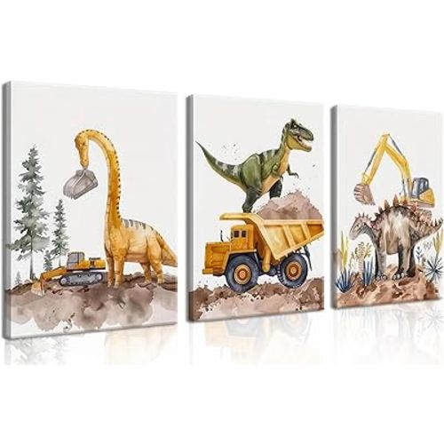Cute Dinosaur Canvas Wall Art Set of 3, Funny Construction Vehicle Painting for Kids Boys Room, Dinosaur Truck Picture Wall Decor for Playroom Toddler Room Nursery Bedroom 12x16 inch Framed
