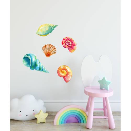 Colorful Seashells Set Wall Decal Set of 5 Watercolor Wall Sticker Under The Sea Ocean Shells Removable Fabric