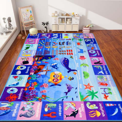 AKASISRUG ABC Kids Rug for Playroom 59"×78.7" Ocean Rug Baby Play Mat Alphabet Rug Sea Animal Number Shape Classroom Rug Kids Playroom Rug Early Learning Carpet for Preschool Toddlers