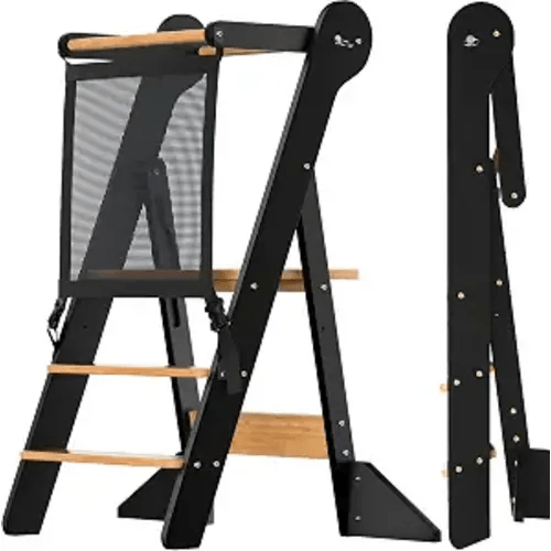 COSYLAND Toddler Standing Tower Foldable Toddler Kitchen Step Stool | Adjustable Height Folding Step Stool for Kids Learning, Cooking - Ages 18 Months-6 Years with Safety Net Natural & Charcoal