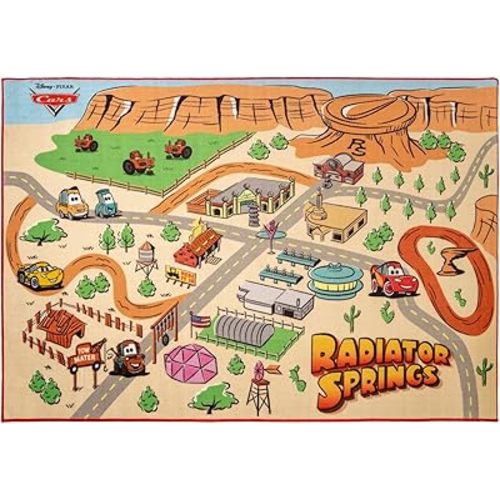 Gertmenian Disney Pixar Cars Indoor Game Rug - 4x6 Large, Non-Slip, Ideal for Children in Bedroom, Game Room, Classroom, Nursery or Play Area - Radiator Springs Playmat, Multi/Tan, 31201