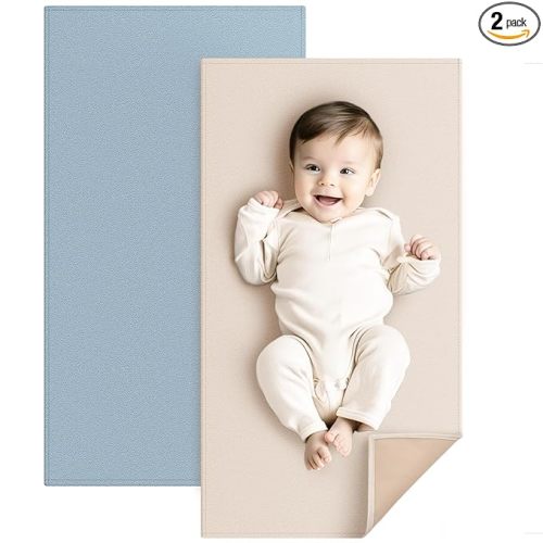 Konssy Faux Leather Baby Changing Mat, Waterproof, Wipeable & Portable Diaper Changing Pad for Travel or Home, Fits Perfectly in Diaper Bag, 30 x 17 inches (Blue,Beige)