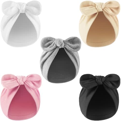 DRESHOW BQUBO 5 PCS Baby Cotton Hats Big Bow Knotted Headwrap Turban Baby Infant Beanie Baby Girl Soft Toddler Cap for Winter
