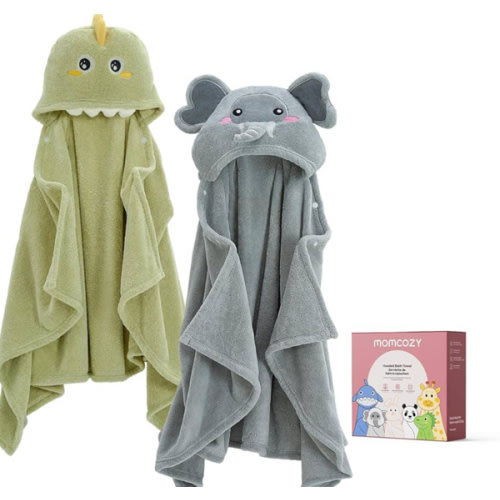 Momcozy Baby Bath Towels with Visualize Health Label - Ultra Soft & Absorbent Coral Fleece Hooded Towels for Newborn, Infant, Toddler (0-36 Months) Bath Essentials (Large Size,2 Pack)