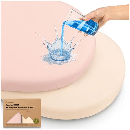 2-pk Waterproof Bassinet Sheets Girls, Boys, Cotton - 33x17 Universal Bassinet Mattress Pad Protector Cover, Compatible with Graco, Baby Delight, Chicco, Halo Bassinest Swivel Sleeper Fitted (Cameo)