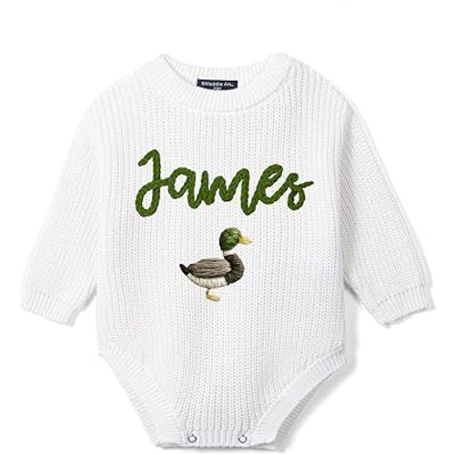 Personalized Unisex Baby Romper, Hand-embroidered Mallard Duck with Custom Baby Name, Knitted Cotton, Shower Onesie Outfit