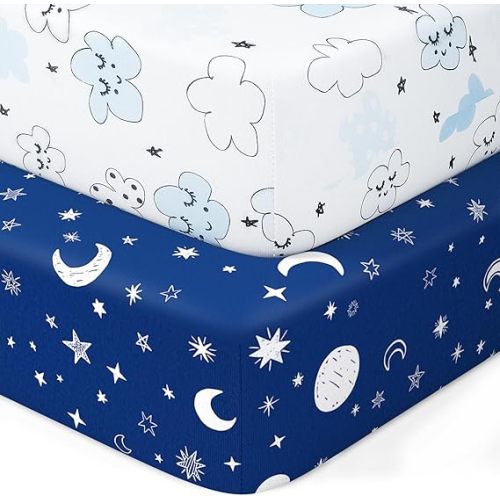 Baby Crib Sheets 2 Pack for Boys and Girls Fit for Standard Crib Toddler Mattress Breathable Soft Microfiber Baby Sheet 28x52x8in(Starry Sky & Clouds)