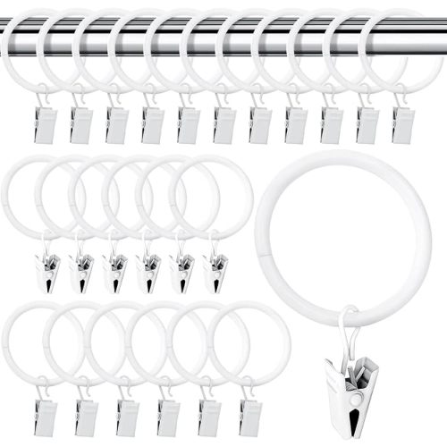 Ofone Curtain Rings with Clips, 24 Pack Metal Curtain Clip Rings Hooks for Hanging Drapery Drapes Bows, Hanger Clips with Rings 1.5 Inch Interior Diameter, Fits Up to 1.2" Curtain Rod (White)