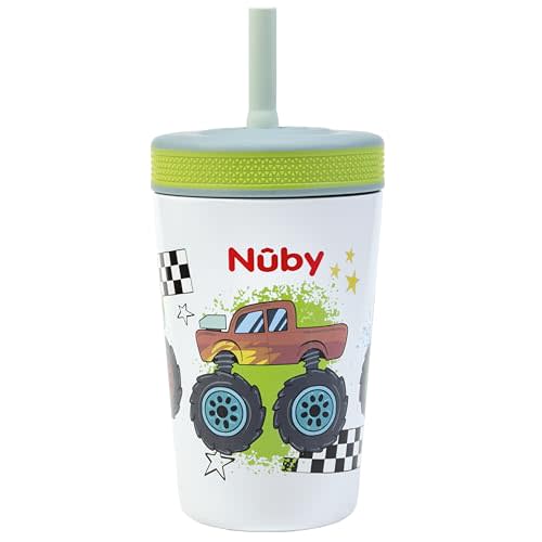Nuby Thirsty Kids Insulated Toddler Cup with Silicone Flexstraw - 12 oz - Stainless Steel and Leak-Resistant - 18+ Months - Monster Trucks