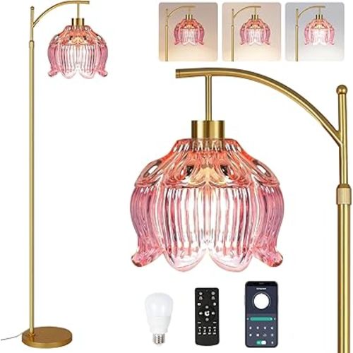 Pink Floor Lamp for Living Room,Bedroom,Gold Dimmable Standing Lamp with Remote,Mid Century Modern Brass Tall Lamp Boho Floor Lamps Arc Stained Glass Flower Floor Light Lamp Girls kids Bohemian