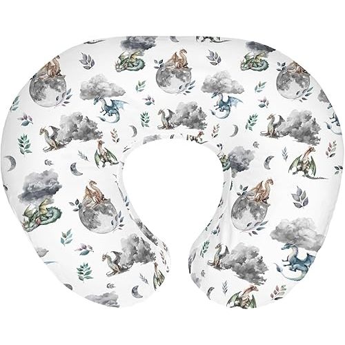 Watercolor Dragons Baby Nursing Pillow Covers for Boy Girl Fairytale Dragon Wings Leaves Nursing Slipcovers for Breastfeeding Pillows Dragon Moon Cloud Soft Stretchy Removable Cover for Newborn Infant